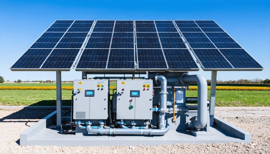 Solar-powered groundwater management system with pumps and monitoring devices in operation