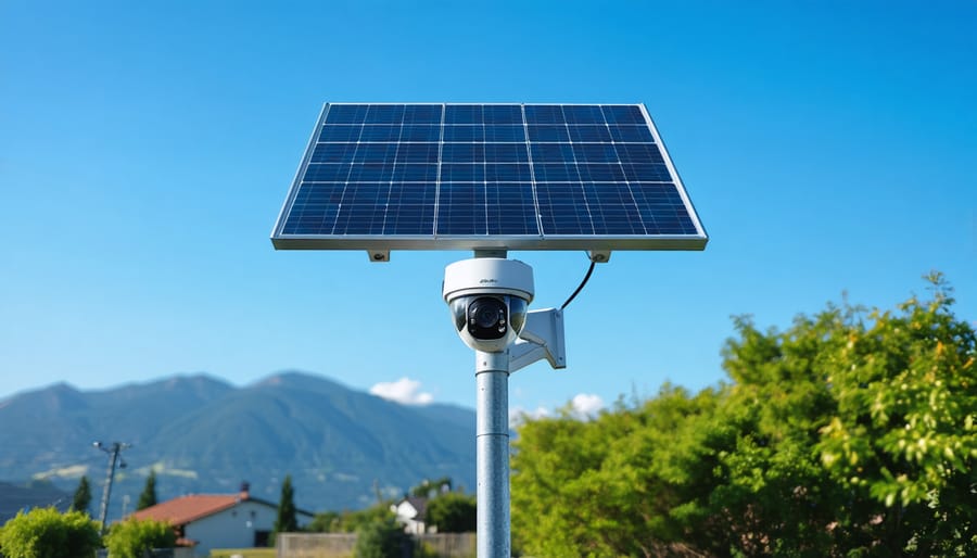 Illustration of a 4G solar security camera with solar panels in an outdoor setting, portraying energy independence and eco-friendly technology.