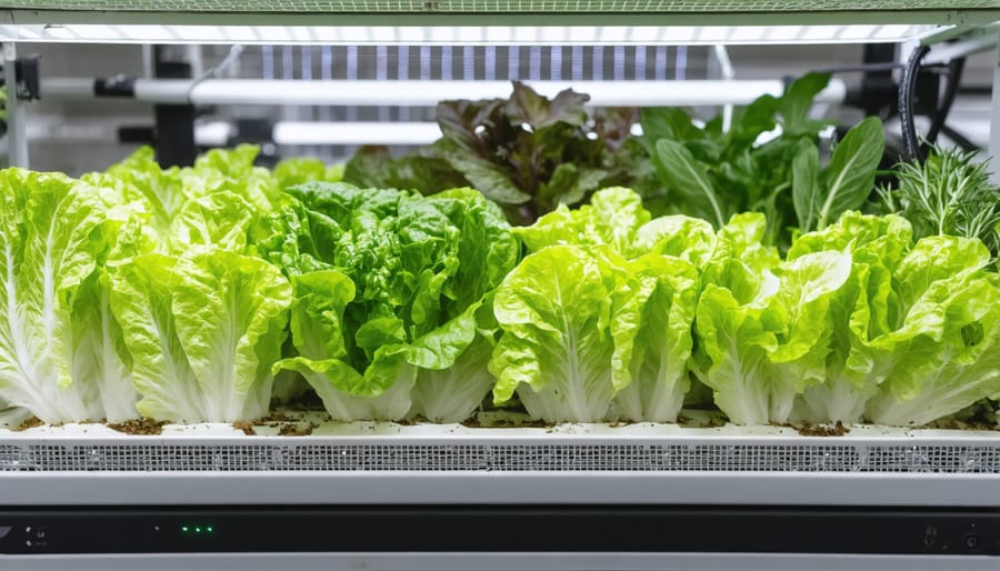 Urban hydroponic garden growing leafy greens with solar panels mounted nearby
