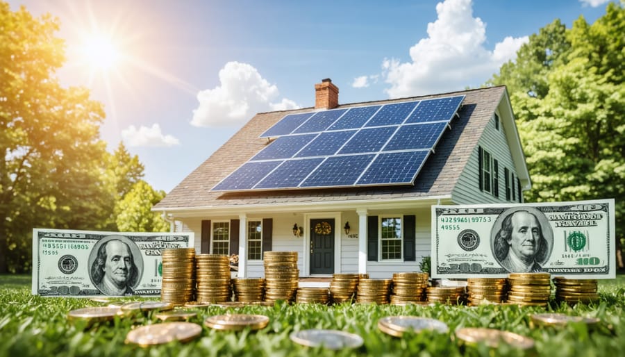 A Virginia home with solar panels on the roof, showcasing potential financial savings with overlaid dollar symbols under a sunny sky.