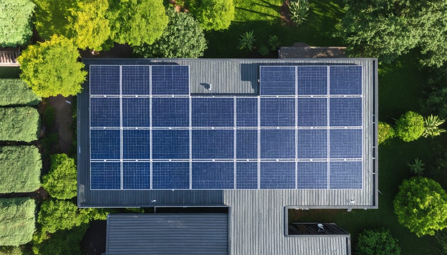Bird's eye view of a zero energy landscape design showing solar panels and strategic vegetation