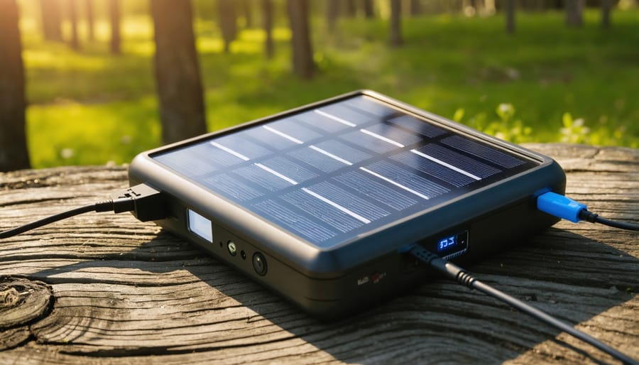 Person adjusting portable solar panel to charge vape pen during outdoor camping
