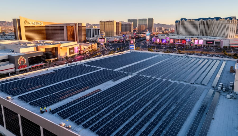 Casino building rooftop covered with extensive solar panel array