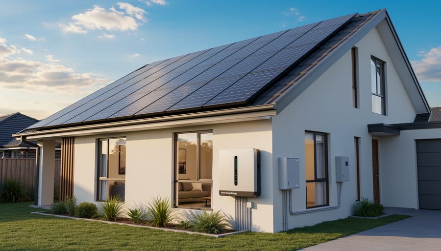 Modern home equipped with rooftop solar panels and wall-mounted battery storage system