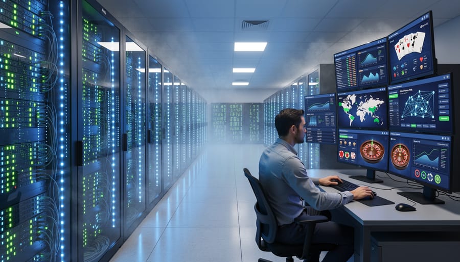 Commercial data center server room with rows of equipment for online casino operations