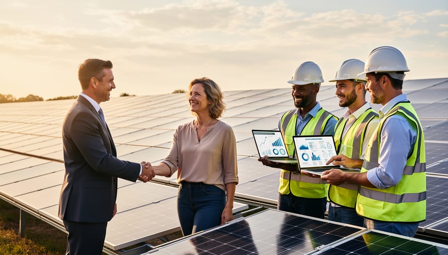 Solar company representative consulting with homeowners about solar installation