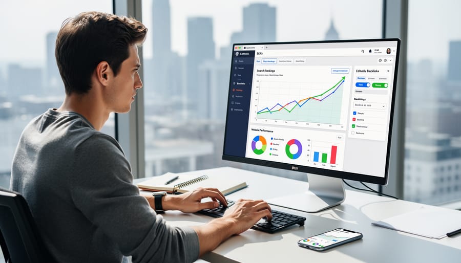 Computer workspace showing website analytics and solar business marketing materials