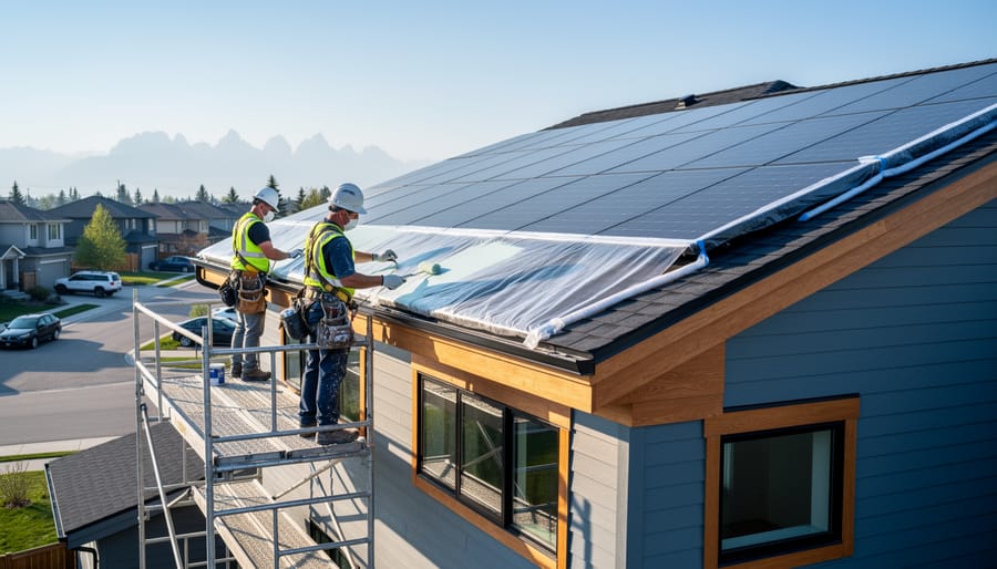 Two painters in safety harnesses on scaffolding repainting the eaves of a modern Calgary house while rooftop solar panels are covered with protective sheeting and edge guards; clear morning light with a suburban street and distant Rocky Mountains softly visible.