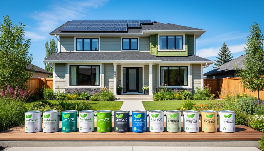 Eco-friendly low-VOC paint products with green certification labels and painting supplies