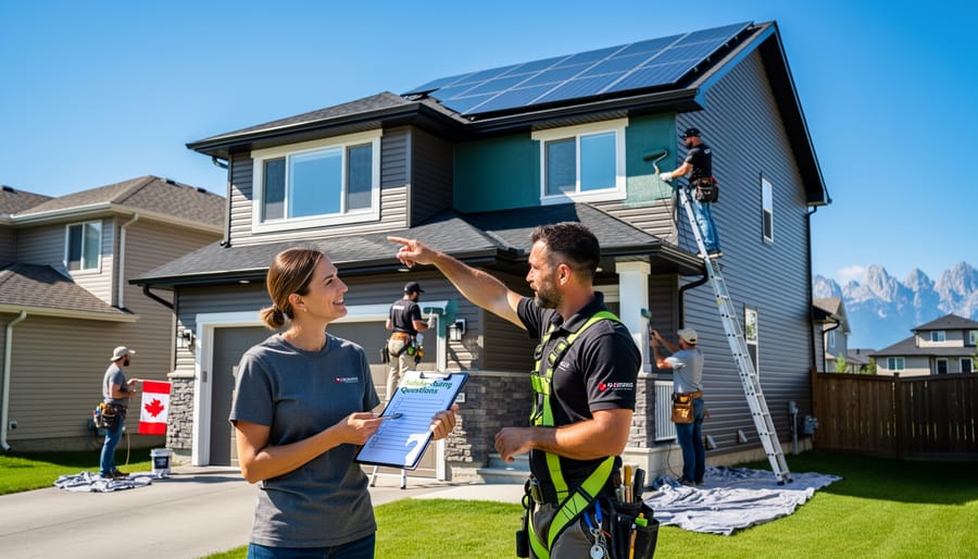 Homeowner consulting with painting contractor in front of solar-equipped home