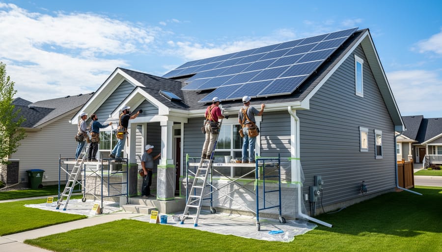 Painters on scaffolding working on home exterior with solar panels visible on roof
