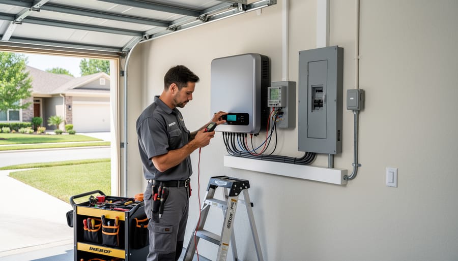 Electrician installing battery storage system on home exterior wall