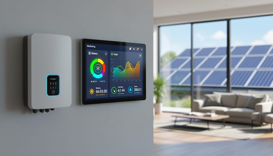 Homeowner monitoring battery system display showing energy management data
