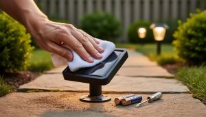 "Close-up from above of a hand wiping a solar yard light panel with a microfiber cloth at dusk, with AA rechargeable batteries and a mini screwdriver on a stone path; garden and other path lights softly blurred in the background."