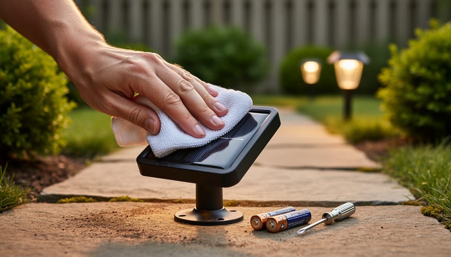"Close-up from above of a hand wiping a solar yard light panel with a microfiber cloth at dusk, with AA rechargeable batteries and a mini screwdriver on a stone path; garden and other path lights softly blurred in the background."
