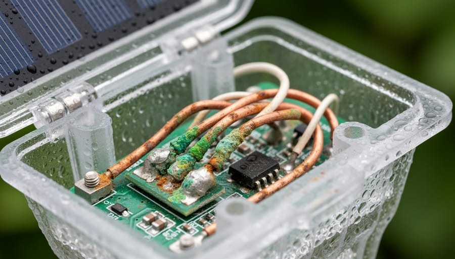 Close-up of corroded wire connections inside solar light housing