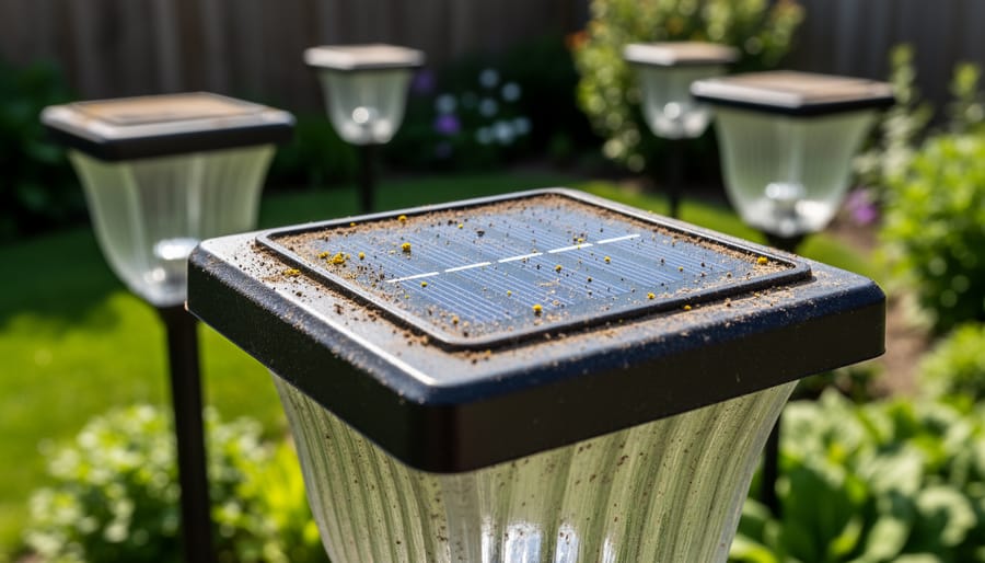 Dirty solar panel on yard light covered with dust and grime