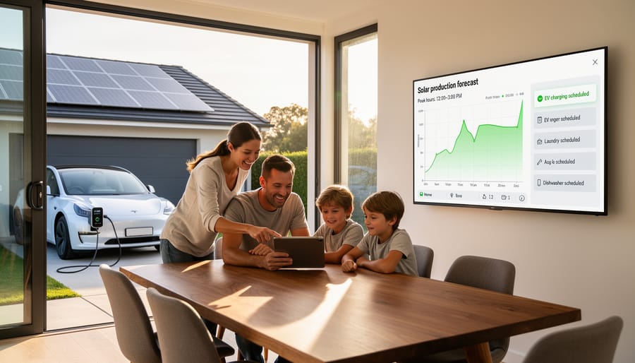Family charging electric vehicle at home with solar panels visible on roof