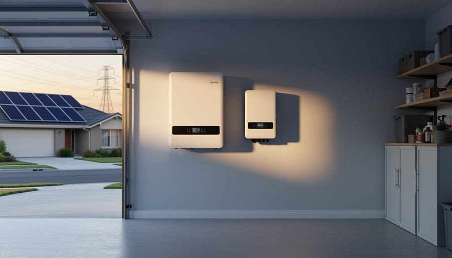 Modern white wall-mounted home battery next to a solar inverter in a tidy garage, with rooftop solar panels visible through an open door at golden hour and a softly blurred suburban street and power lines beyond.