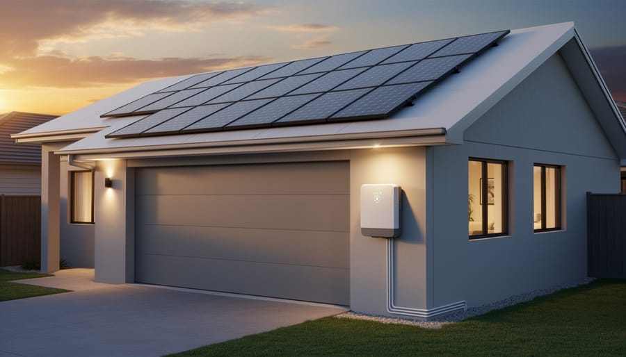 Residential home with solar panels and wall-mounted battery storage system