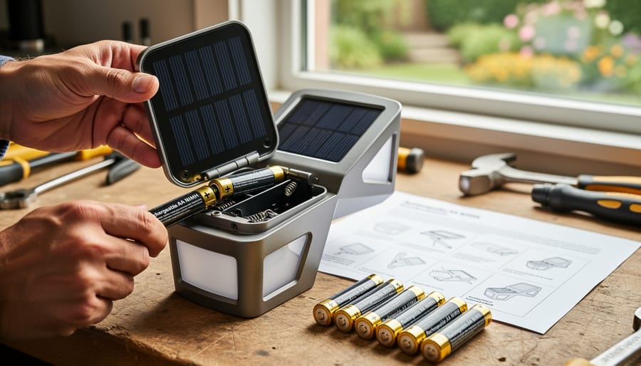 Hands holding replacement batteries next to open solar light battery compartment