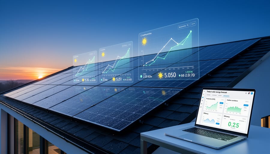 Modern solar panel array on residential rooftop during sunrise