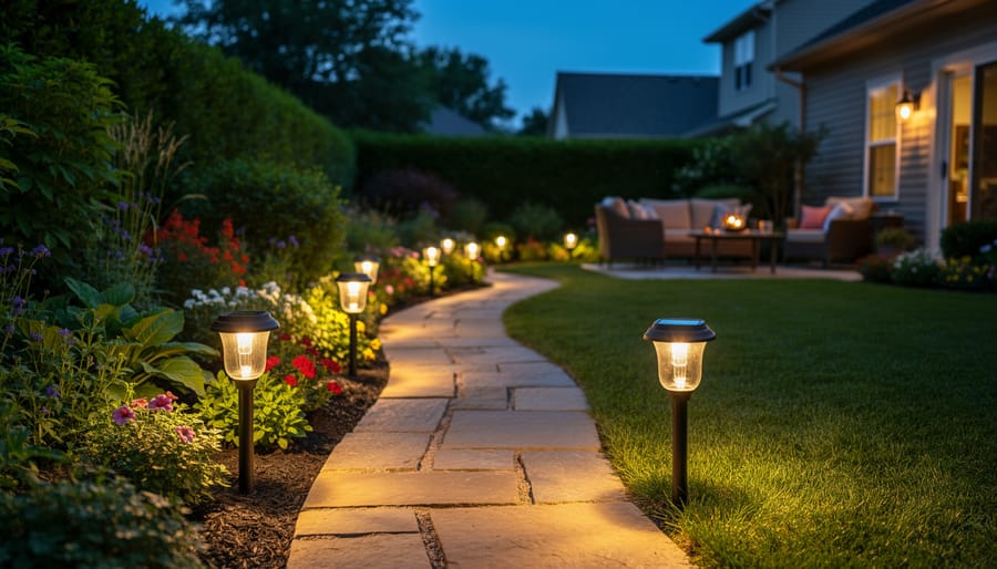 Solar yard lights glowing along garden pathway at dusk