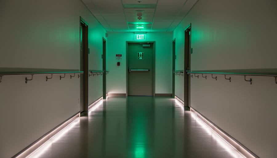 Emergency exit sign and corridor lighting in a commercial hallway.