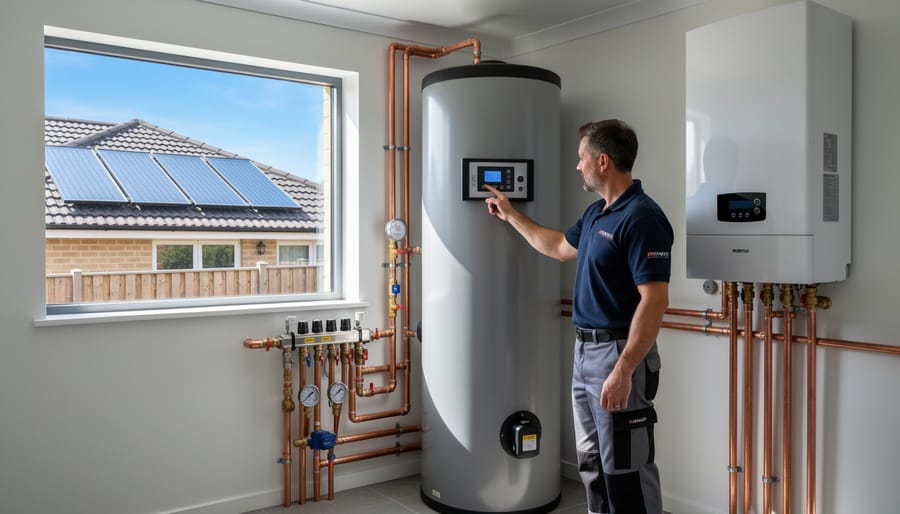 Technician and homeowner standing near a solar boiler storage tank and valves outside