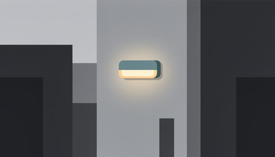 Solar emergency light casting illumination near a dark doorway in a commercial interior.