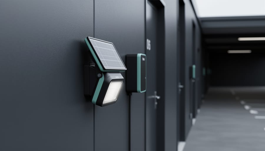 “Modern solar emergency lighting fixture mounted on an exterior wall next to photovoltaic and battery components in an industrial setting.”