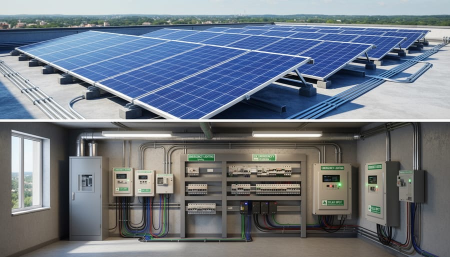 Solar panels and battery equipment on a commercial building rooftop.