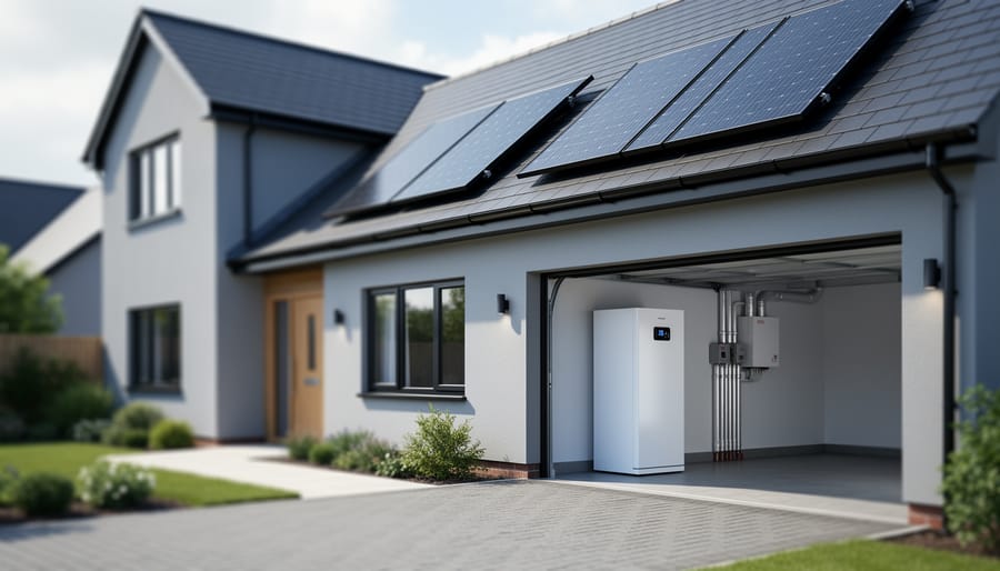 “Solar panels on a UK home roof with residential heating equipment visible nearby, illustrating solar-assisted boiler or heat-pump home heating.”