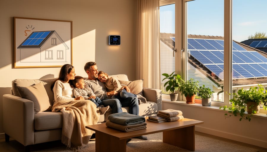 Warm sunlight in a living room over a radiator, suggesting comfortable solar-heated home conditions