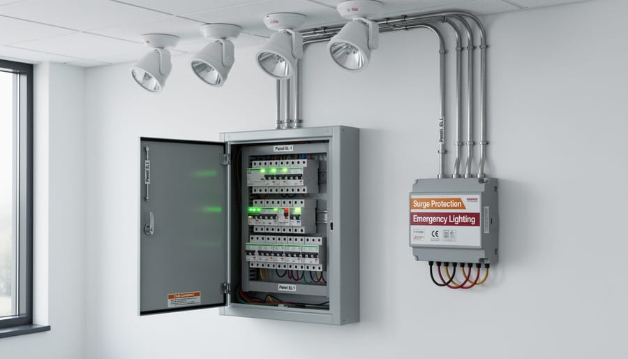 Technician connecting a surge protection device inside an electrical enclosure for an emergency system.