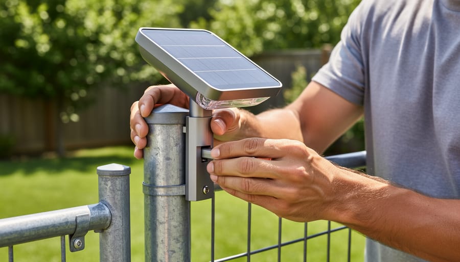A homeowner installing a t-post solar light on a metal fence post in a driveway area.