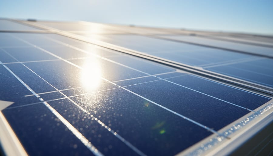 Close-up of a t-post solar light solar panel angled toward sunlight on a fence post.