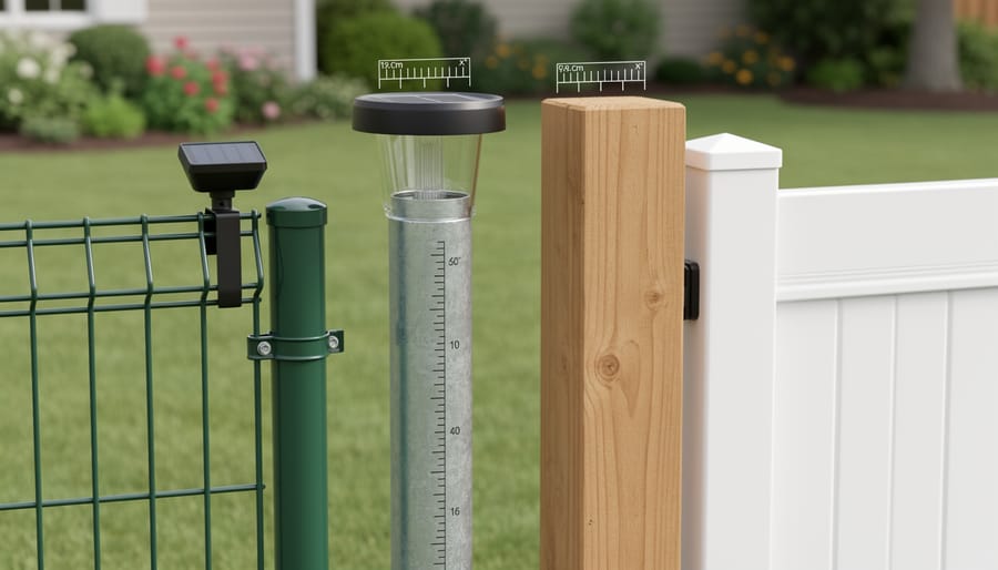 Multiple fence post types with solar light fixtures laid out to show sizing and compatibility considerations.