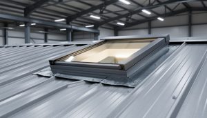 R-panel skylight installed on a ribbed metal roof with flashing overlapping the vertical ribs and daylight entering the interior of a metal building.