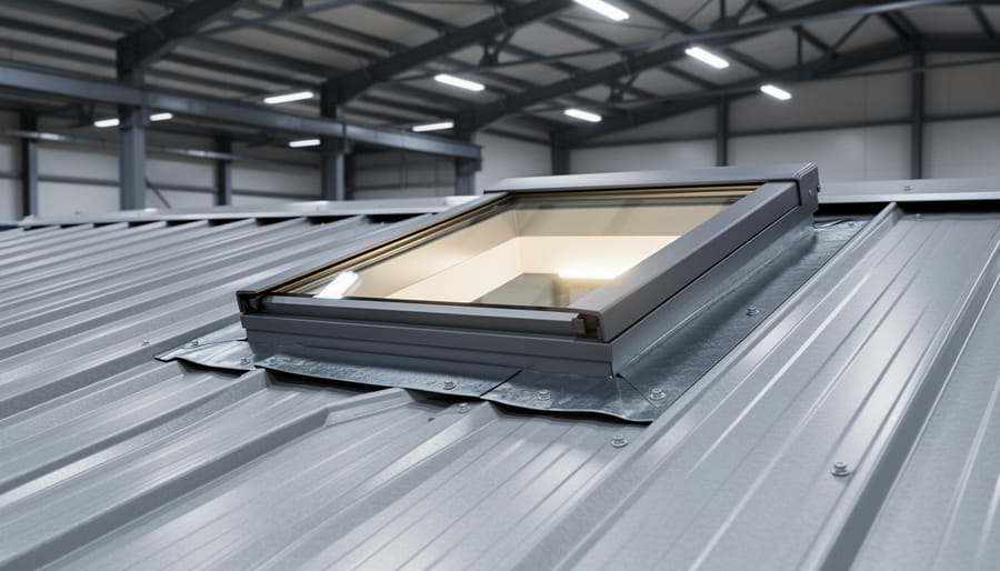 R-panel skylight installed on a ribbed metal roof with flashing overlapping the vertical ribs and daylight entering the interior of a metal building.