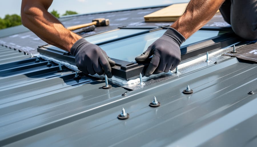 Roofer fastening a translucent R-panel skylight onto a ribbed metal roof