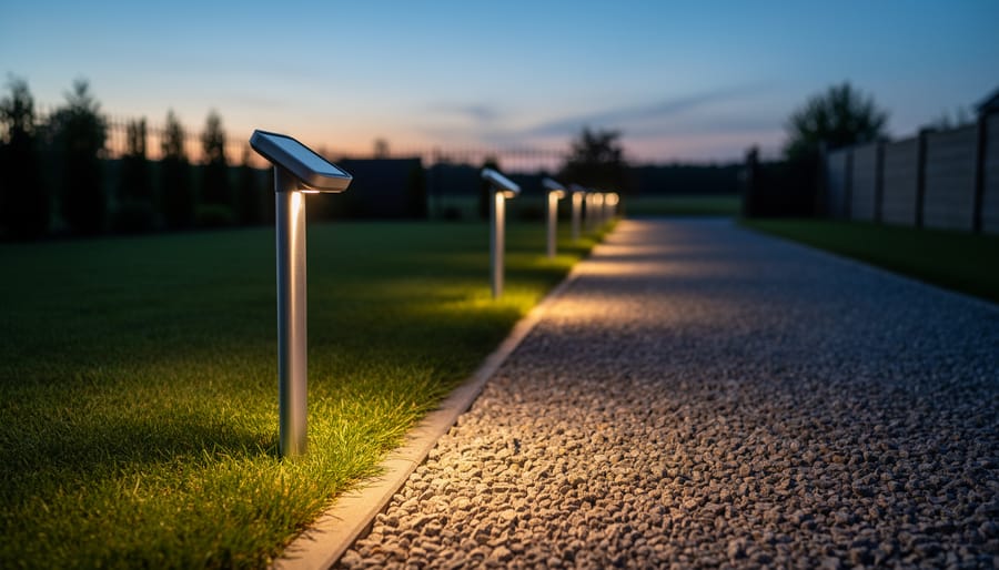 T-post solar lights glowing along a fence line walkway at dusk.