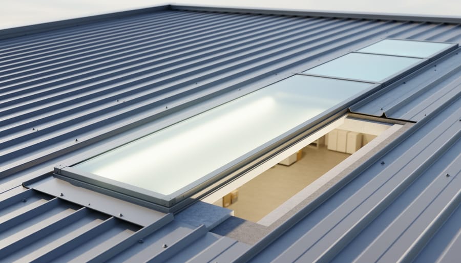 Translucent R-panel skylight installed on a ribbed metal roofing section viewed from below