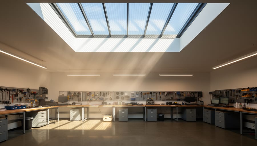 Workshop interior with tools and workbench illuminated by daylight from an R-panel skylight