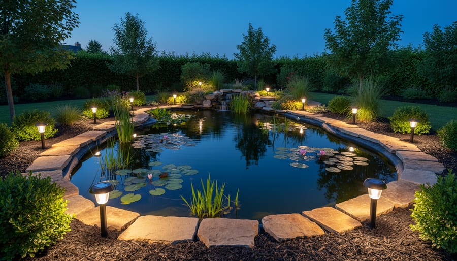 Person installing solar stake lighting along the edge of a pond.