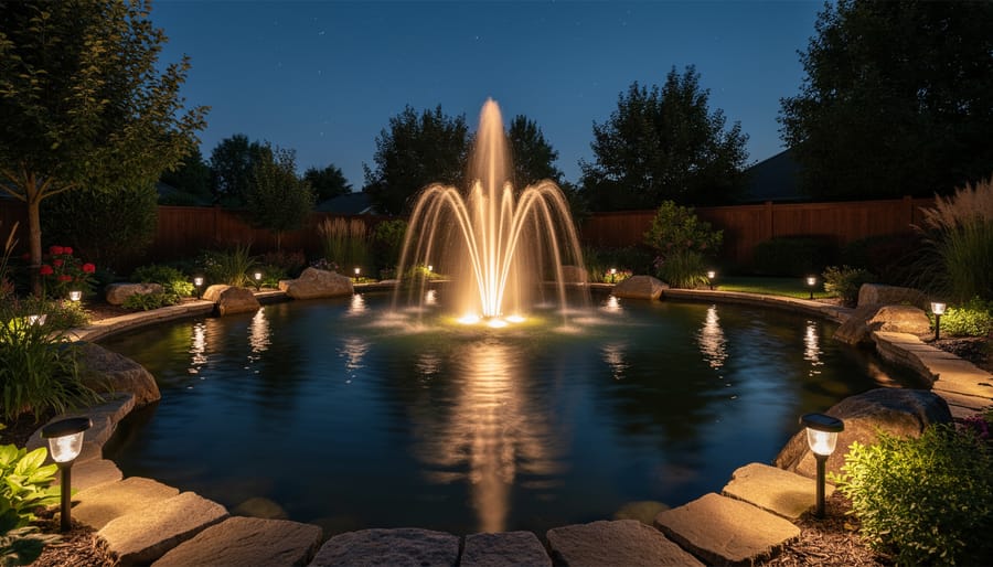 Nighttime backyard pond with a solar-lit fountain and subtle reflections in the water.