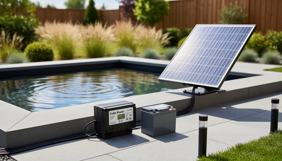 Close-up of a solar panel and battery unit installed beside a water feature in the garden.
