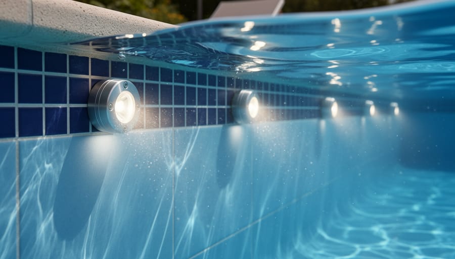 Submersible solar spotlight near a fountain with droplets and water spray.