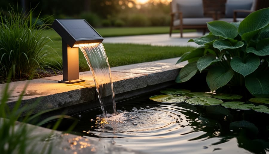 “Warm solar LED light illuminating a bubbling fountain and pond plants at dusk, showing cascading water and outdoor landscape background.”