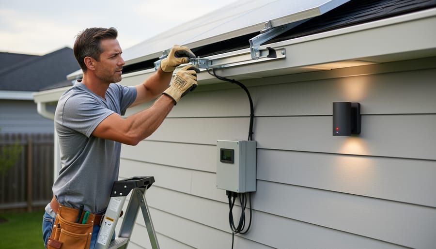 Homeowner installing a solar panel mount near a smart outdoor light on a residential driveway